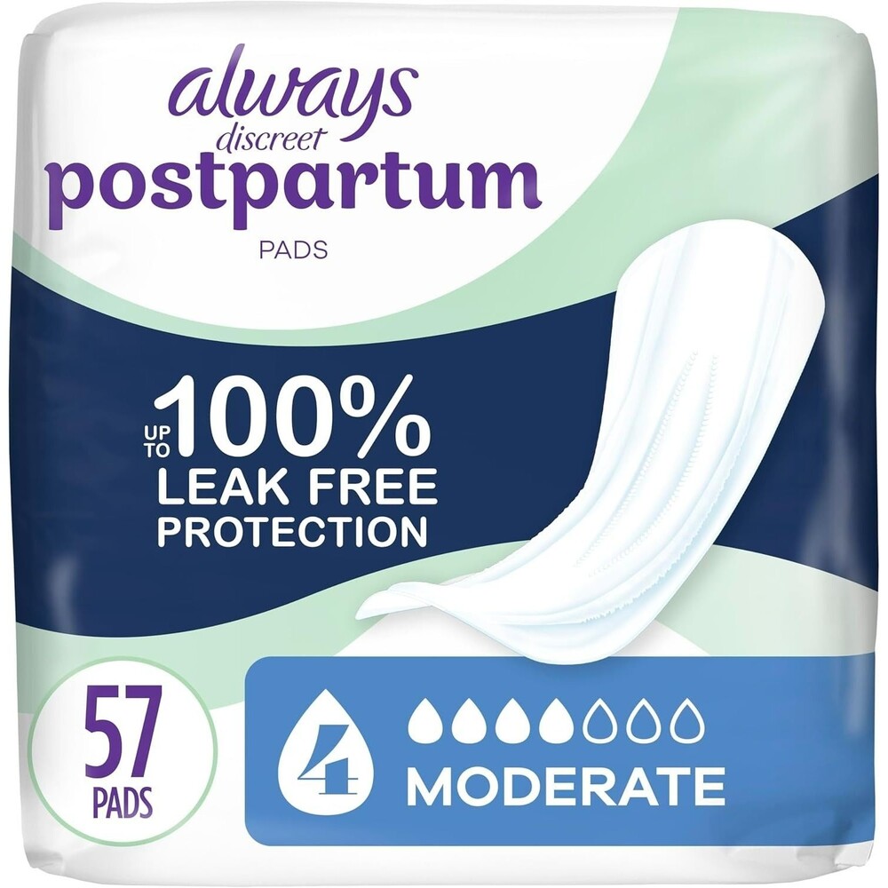 57 Count Always Discreet Postpartum Pads Regular White Moderate Absorbency
